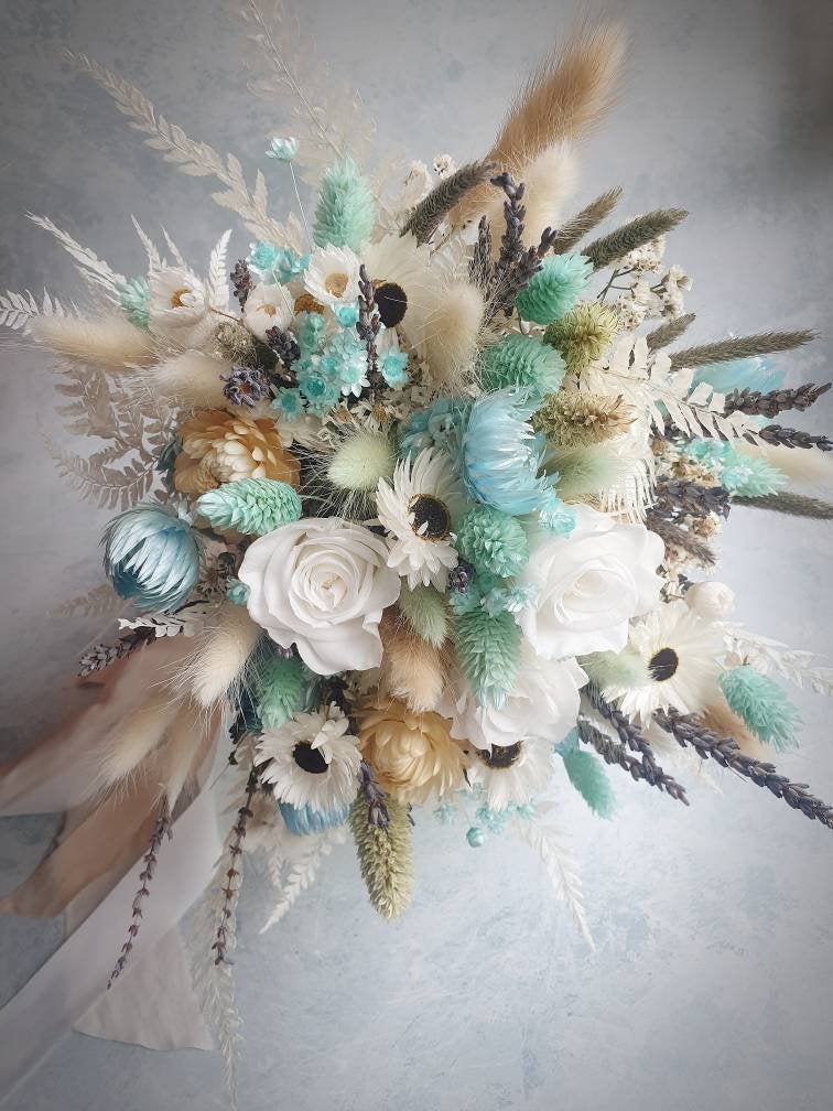 Romantic blue and white wedding bouquet